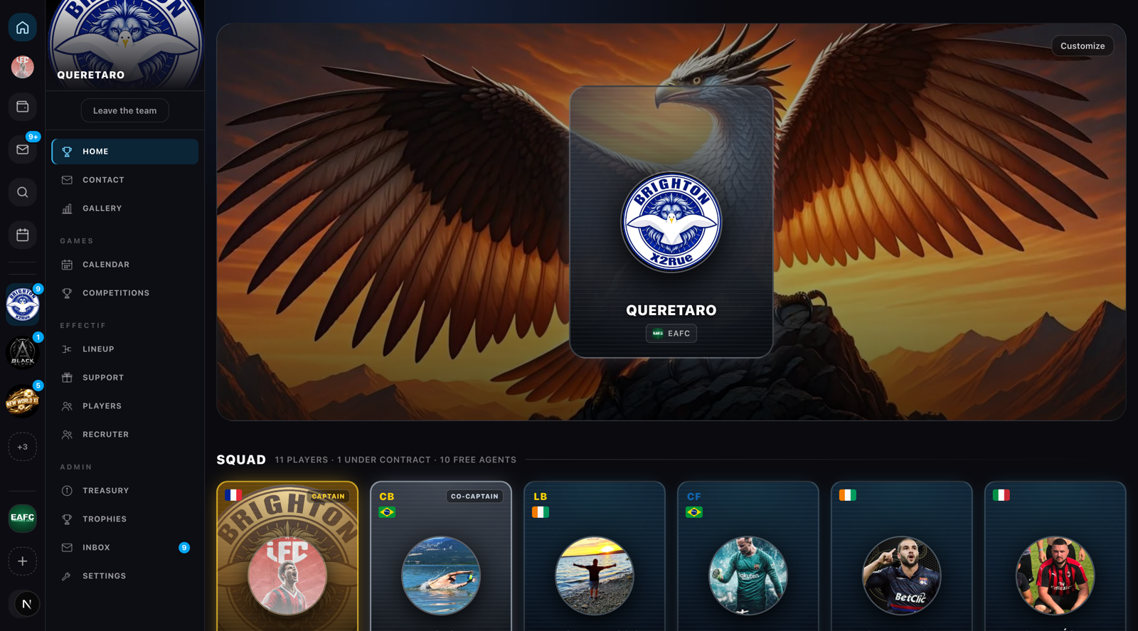 A club's home page and its player cards