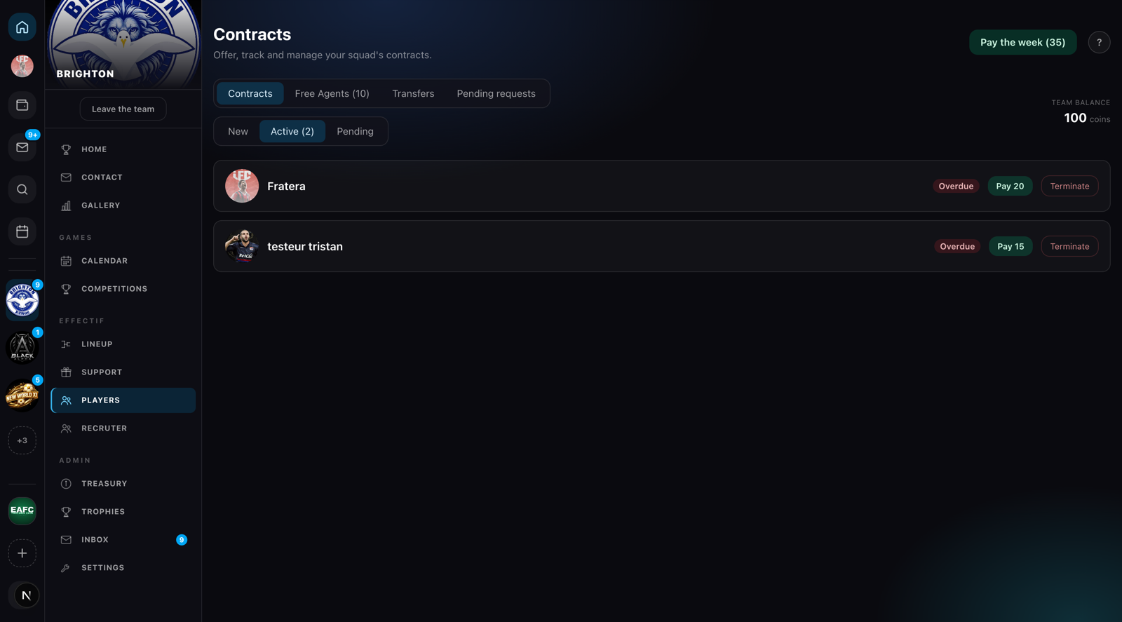 A team's contracts tab