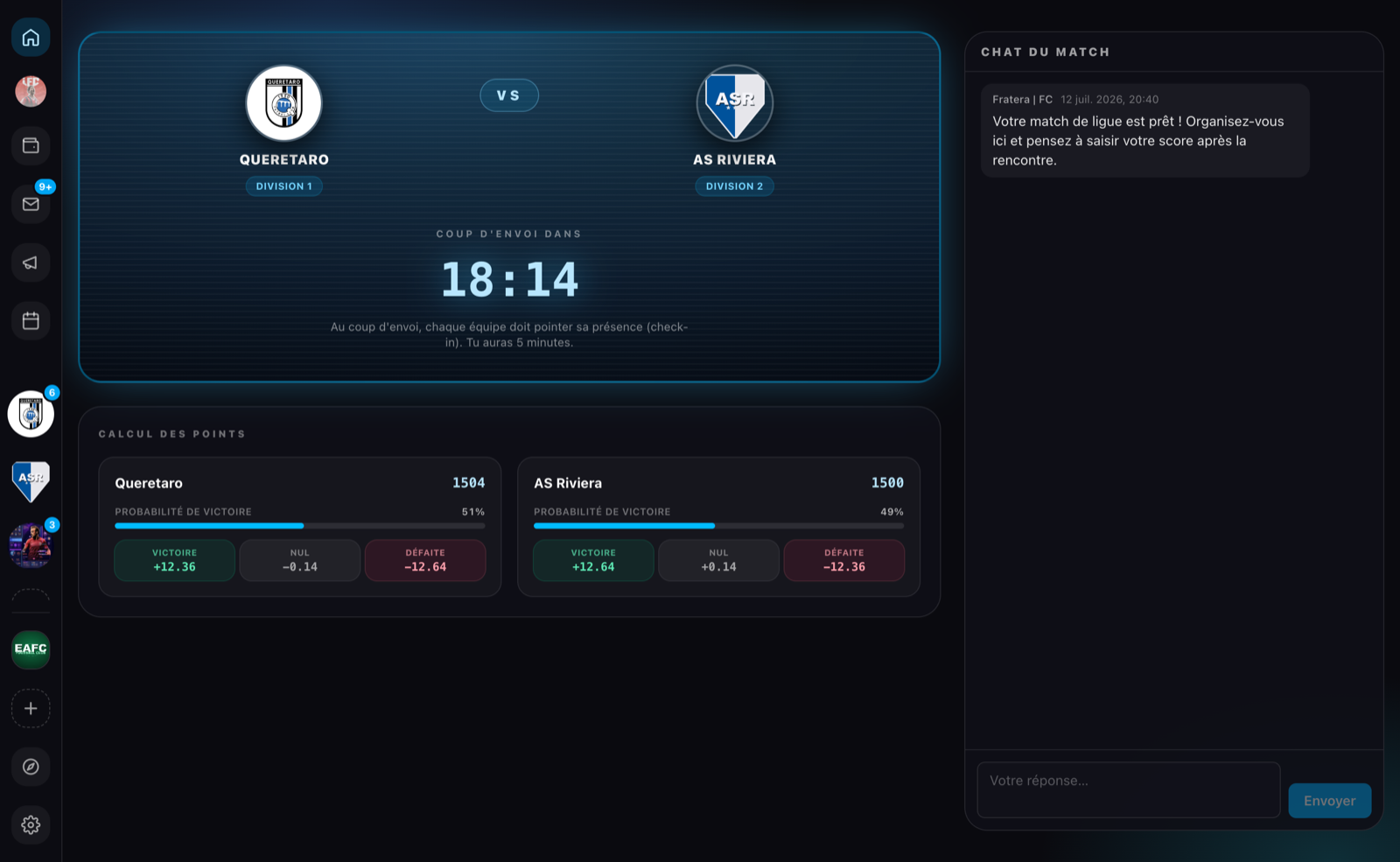 A league match page: kick-off countdown, points breakdown and match chat